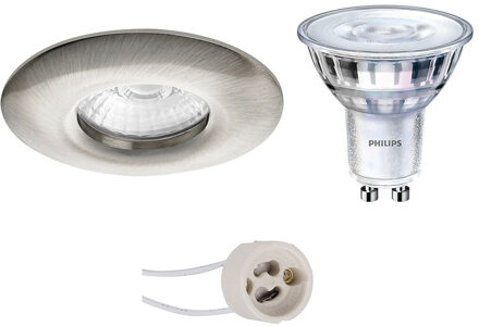 Led Spot Set - Pragmi Luno Pro - Waterdicht Ip65 - Gu10 Fitting - Inbouw Rond - Mat Nikkel - Ø82mm - Philips - Zilverkleurig