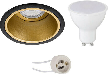 LED Spot Set - Pragmi Minko Pro - GU10 Fitting - Dimbaar - Inbouw Rond - Mat Zwart/Goud - 6W - Natuurlijk Wit 4200K