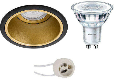 LED Spot Set - Pragmi Minko Pro - GU10 Fitting - Inbouw Rond - Mat Zwart/Goud - Verdiept - Ø90mm - Philips - CorePro 827