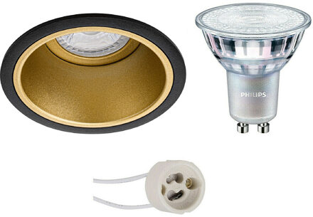 LED Spot Set - Pragmi Minko Pro - GU10 Fitting - Inbouw Rond - Mat Zwart/Goud - Verdiept - Ø90mm - Philips - MASTER 927