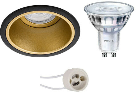 Led Spot Set - Pragmi Minko Pro - Gu10 Fitting - Inbouw Rond - Mat Zwart/goud - Verdiept - Ø90mm - Philips - Sceneswitch