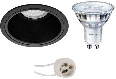 Led Spot Set - Pragmi Minko Pro - Gu10 Fitting - Inbouw Rond - Mat Zwart - Verdiept - Ø90mm - Philips - Sceneswitch 827