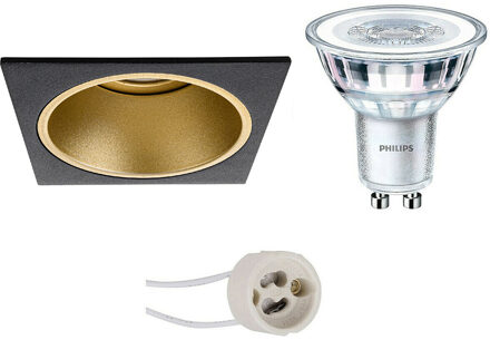 LED Spot Set - Pragmi Minko Pro - GU10 Fitting - Inbouw Vierkant - Mat Zwart/Goud - Verdiept - 90mm - Philips - CorePro