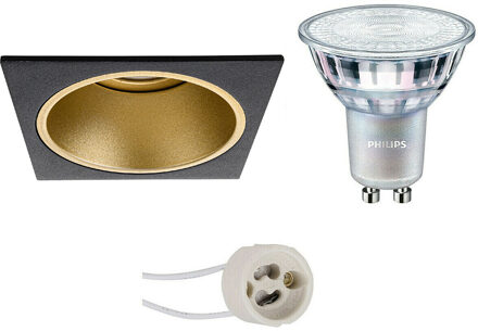 LED Spot Set - Pragmi Minko Pro - GU10 Fitting - Inbouw Vierkant - Mat Zwart/Goud - Verdiept - 90mm - Philips - MASTER