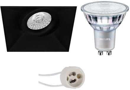 LED Spot Set - Pragmi Nivas Pro - GU10 Fitting - Inbouw Vierkant - Mat Zwart - Trimless - Kantelbaar - 150mm - Philips