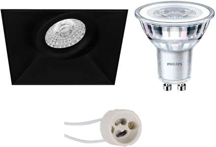 LED Spot Set - Pragmi Nivas Pro - GU10 Fitting - Inbouw Vierkant - Mat Zwart - Trimless - Kantelbaar - 150mm - Philips