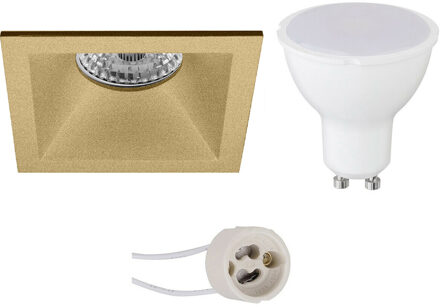 LED Spot Set - Pragmi Pollon Pro - GU10 Fitting - Dimbaar - Inbouw Vierkant - Mat Goud - 6W - Helder/Koud Wit 6400K - Goudkleurig