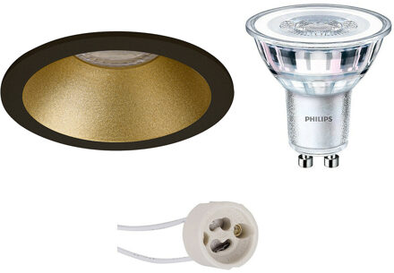 LED Spot Set - Pragmi Pollon Pro - GU10 Fitting - Inbouw Rond - Mat Zwart/Goud - Verdiept - Ø82mm - Philips - CorePro