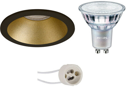 LED Spot Set - Pragmi Pollon Pro - GU10 Fitting - Inbouw Rond - Mat Zwart/Goud - Verdiept - Ø82mm - Philips - MASTER 927