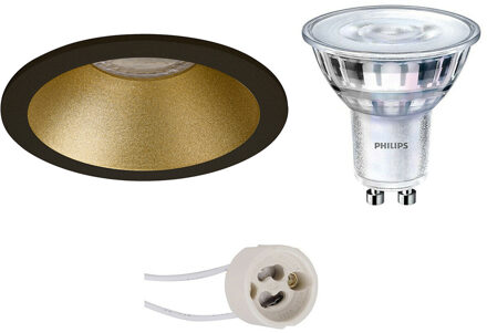 Led Spot Set - Pragmi Pollon Pro - Gu10 Fitting - Inbouw Rond - Mat Zwart/goud - Verdiept - Ø82mm - Philips