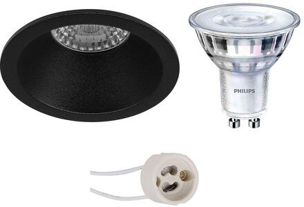 Led Spot Set - Pragmi Pollon Pro - Gu10 Fitting - Inbouw Rond - Mat Zwart - Verdiept - Ø82mm - Philips - Sceneswitch 827