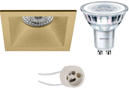 LED Spot Set - Pragmi Pollon Pro - GU10 Fitting - Inbouw Vierkant - Mat Goud - Verdiept - 82mm - Philips - CorePro 827 Goudkleurig