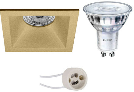 Led Spot Set - Pragmi Pollon Pro - Gu10 Fitting - Inbouw Vierkant - Mat Goud - Verdiept - 82mm - Philips - Sceneswitch Goudkleurig