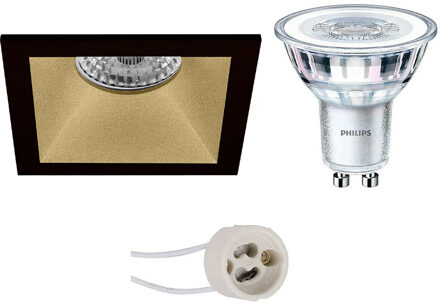 LED Spot Set - Pragmi Pollon Pro - GU10 Fitting - Inbouw Vierkant - Mat Zwart/Goud - Verdiept - 82mm - Philips - CorePro