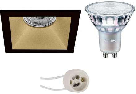 LED Spot Set - Pragmi Pollon Pro - GU10 Fitting - Inbouw Vierkant - Mat Zwart/Goud - Verdiept - 82mm - Philips - MASTER