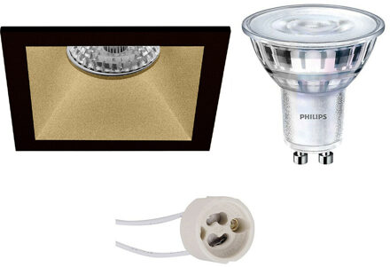 Led Spot Set - Pragmi Pollon Pro - Gu10 Fitting - Inbouw Vierkant - Mat Zwart/goud - Verdiept - 82mm - Philips