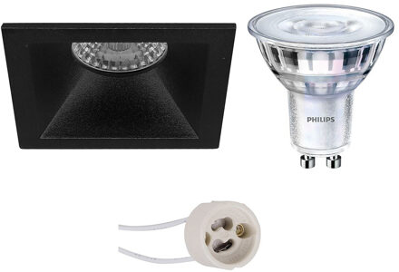 Led Spot Set - Pragmi Pollon Pro - Gu10 Fitting - Inbouw Vierkant - Mat Zwart - Verdiept - 82mm - Philips - Sceneswitch