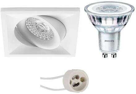 LED Spot Set - Pragmi Qiundo Pro - GU10 Fitting - Inbouw Vierkant - Mat Wit - Kantelbaar - 80mm - Philips - CorePro 827