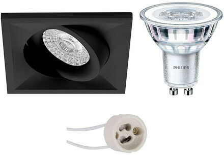 LED Spot Set - Pragmi Qiundo Pro - GU10 Fitting - Inbouw Vierkant - Mat Zwart - Kantelbaar - 80mm - Philips - CorePro