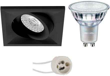 LED Spot Set - Pragmi Qiundo Pro - GU10 Fitting - Inbouw Vierkant - Mat Zwart - Kantelbaar - 80mm - Philips - MASTER 927