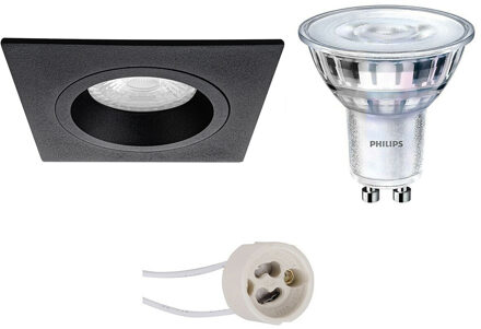 Led Spot Set - Pragmi Rodos Pro - Gu10 Fitting - Inbouw Vierkant - Mat Zwart - 93mm - Philips - Sceneswitch 827 36d