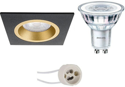 LED Spot Set - Pragmi Rodos Pro - GU10 Fitting - Inbouw Vierkant - Mat Zwart/Goud - 93mm - Philips - CorePro 827 36D