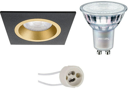 LED Spot Set - Pragmi Rodos Pro - GU10 Fitting - Inbouw Vierkant - Mat Zwart/Goud - 93mm - Philips - MASTER 927 36D VLE