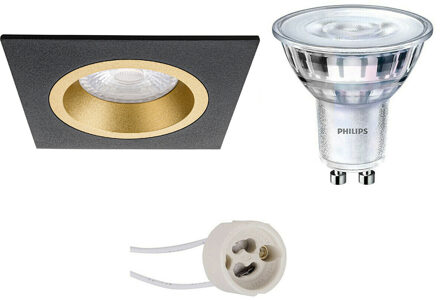 Led Spot Set - Pragmi Rodos Pro - Gu10 Fitting - Inbouw Vierkant - Mat Zwart/goud - 93mm - Philips - Sceneswitch 827 36d