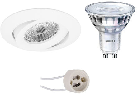 Led Spot Set - Pragmi Uranio Pro - Gu10 Fitting - Inbouw Rond - Mat Wit - Kantelbaar - Ø82mm - Philips - Sceneswitch 827