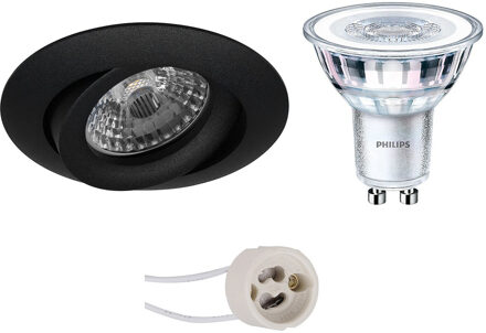 LED Spot Set - Pragmi Uranio Pro - GU10 Fitting - Inbouw Rond - Mat Zwart - Kantelbaar - Ø82mm - Philips - CorePro 827