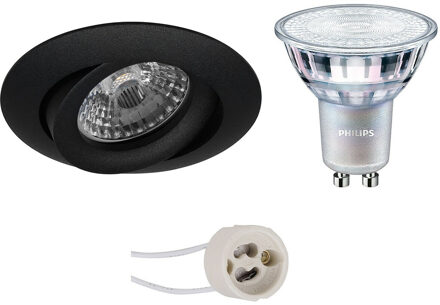 LED Spot Set - Pragmi Uranio Pro - GU10 Fitting - Inbouw Rond - Mat Zwart - Kantelbaar - Ø82mm - Philips - MASTER 927