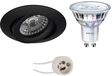 Led Spot Set - Pragmi Uranio Pro - Gu10 Fitting - Inbouw Rond - Mat Zwart - Kantelbaar - Ø82mm - Philips - Sceneswitch