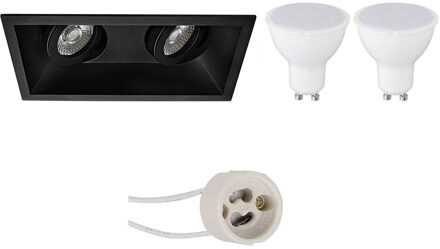 LED Spot Set - Pragmi Zano Pro - GU10 Fitting - Dimbaar - Inbouw Rechthoek Dubbel - Mat Zwart - 6W - Helder/Koud Wit