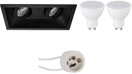 LED Spot Set - Pragmi Zano Pro - GU10 Fitting - Dimbaar - Inbouw Rechthoek Dubbel - Mat Zwart - 6W - Natuurlijk Wit