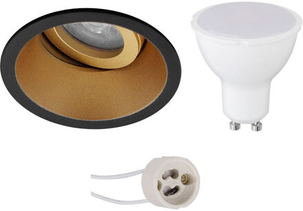 LED Spot Set - Pragmi Zano Pro - GU10 Fitting - Dimbaar - Inbouw Rond - Mat Zwart/Goud - 6W - Natuurlijk Wit 4200K