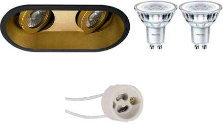 LED Spot Set - Pragmi Zano Pro - GU10 Fitting - Inbouw Ovaal Dubbel - Mat Zwart/Goud - Kantelbaar - 185x93mm - Philips