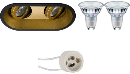 LED Spot Set - Pragmi Zano Pro - GU10 Fitting - Inbouw Ovaal Dubbel - Mat Zwart/Goud - Kantelbaar - 185x93mm - Philips
