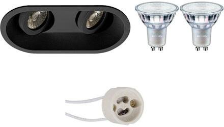 LED Spot Set - Pragmi Zano Pro - GU10 Fitting - Inbouw Ovaal Dubbel - Mat Zwart - Kantelbaar - 185x93mm - Philips