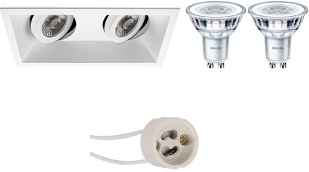 LED Spot Set - Pragmi Zano Pro - GU10 Fitting - Inbouw Rechthoek Dubbel - Mat Wit - Kantelbaar - 185x93mm - Philips