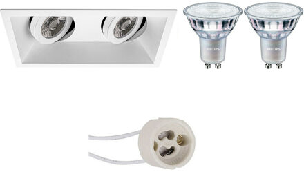 LED Spot Set - Pragmi Zano Pro - GU10 Fitting - Inbouw Rechthoek Dubbel - Mat Wit - Kantelbaar - 185x93mm - Philips