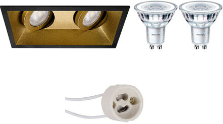 LED Spot Set - Pragmi Zano Pro - GU10 Fitting - Inbouw Rechthoek Dubbel - Mat Zwart/Goud - Kantelbaar - 185x93mm
