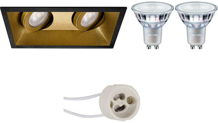 LED Spot Set - Pragmi Zano Pro - GU10 Fitting - Inbouw Rechthoek Dubbel - Mat Zwart/Goud - Kantelbaar - 185x93mm