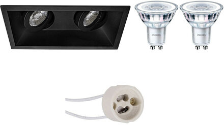 LED Spot Set - Pragmi Zano Pro - GU10 Fitting - Inbouw Rechthoek Dubbel - Mat Zwart - Kantelbaar - 185x93mm - Philips
