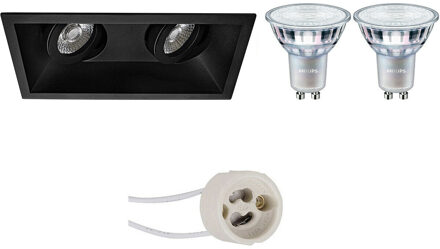 LED Spot Set - Pragmi Zano Pro - GU10 Fitting - Inbouw Rechthoek Dubbel - Mat Zwart - Kantelbaar - 185x93mm - Philips