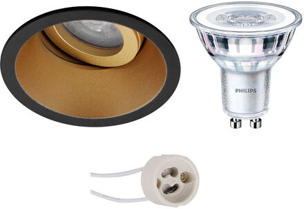 LED Spot Set - Pragmi Zano Pro - GU10 Fitting - Inbouw Rond - Mat Zwart/Goud - Kantelbaar - Ø93mm - Philips - CorePro