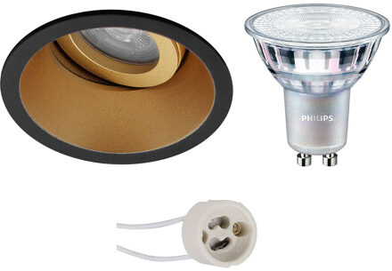 LED Spot Set - Pragmi Zano Pro - GU10 Fitting - Inbouw Rond - Mat Zwart/Goud - Kantelbaar - Ø93mm - Philips - MASTER 927