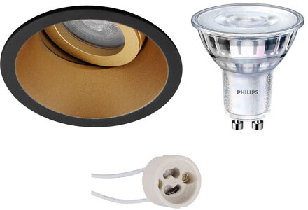 Led Spot Set - Pragmi Zano Pro - Gu10 Fitting - Inbouw Rond - Mat Zwart/goud - Kantelbaar - Ø93mm - Philips