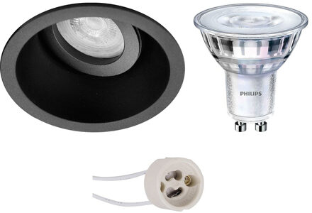 Led Spot Set - Pragmi Zano Pro - Gu10 Fitting - Inbouw Rond - Mat Zwart - Kantelbaar - Ø93mm - Philips - Sceneswitch 827