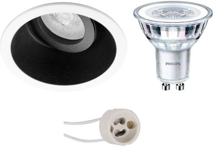 LED Spot Set - Pragmi Zano Pro - GU10 Fitting - Inbouw Rond - Mat Zwart/Wit - Kantelbaar - Ø93mm - Philips - CorePro 827