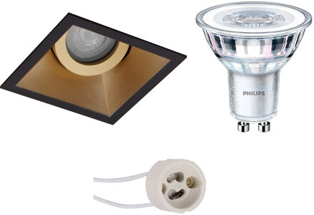 LED Spot Set - Pragmi Zano Pro - GU10 Fitting - Inbouw Vierkant - Mat Zwart/Goud - Kantelbaar - 93mm - Philips - CorePro